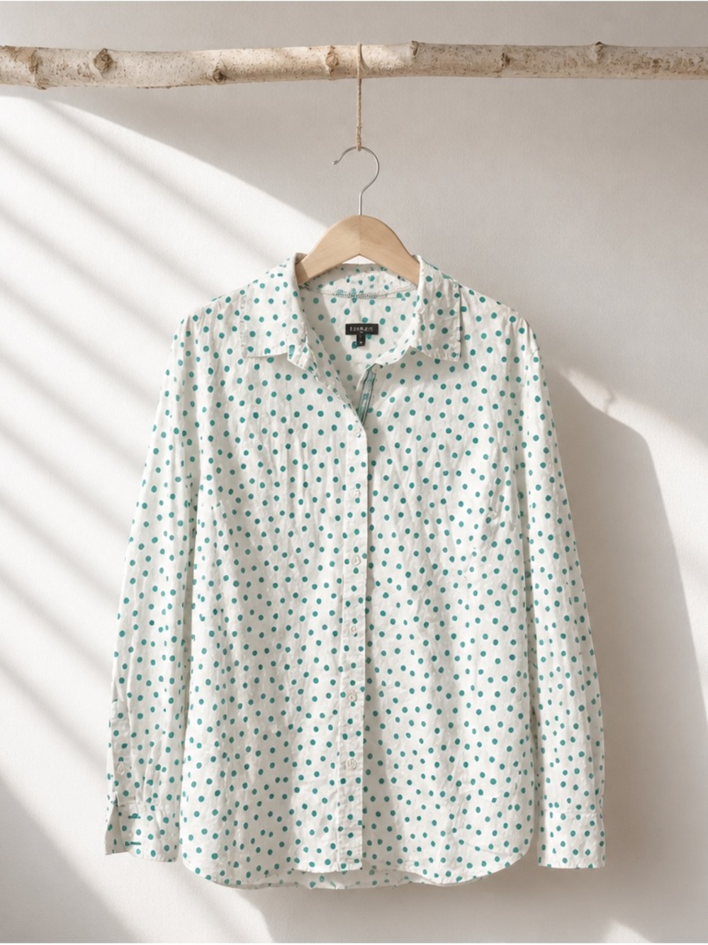 Talbots Polka -Dot Women's White Button-Up Shirt with Teal Polka Dots